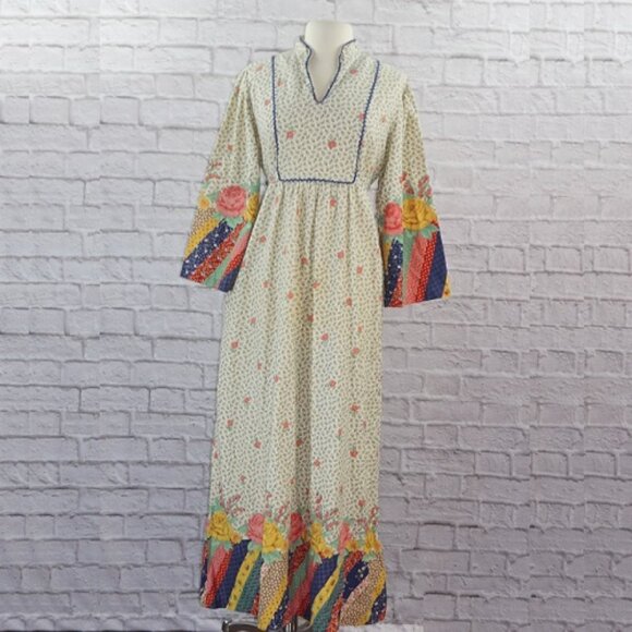 Vintage 60s ILGWU Cotton Floral Patchwork Maxi Dress - Picture 1 of 13